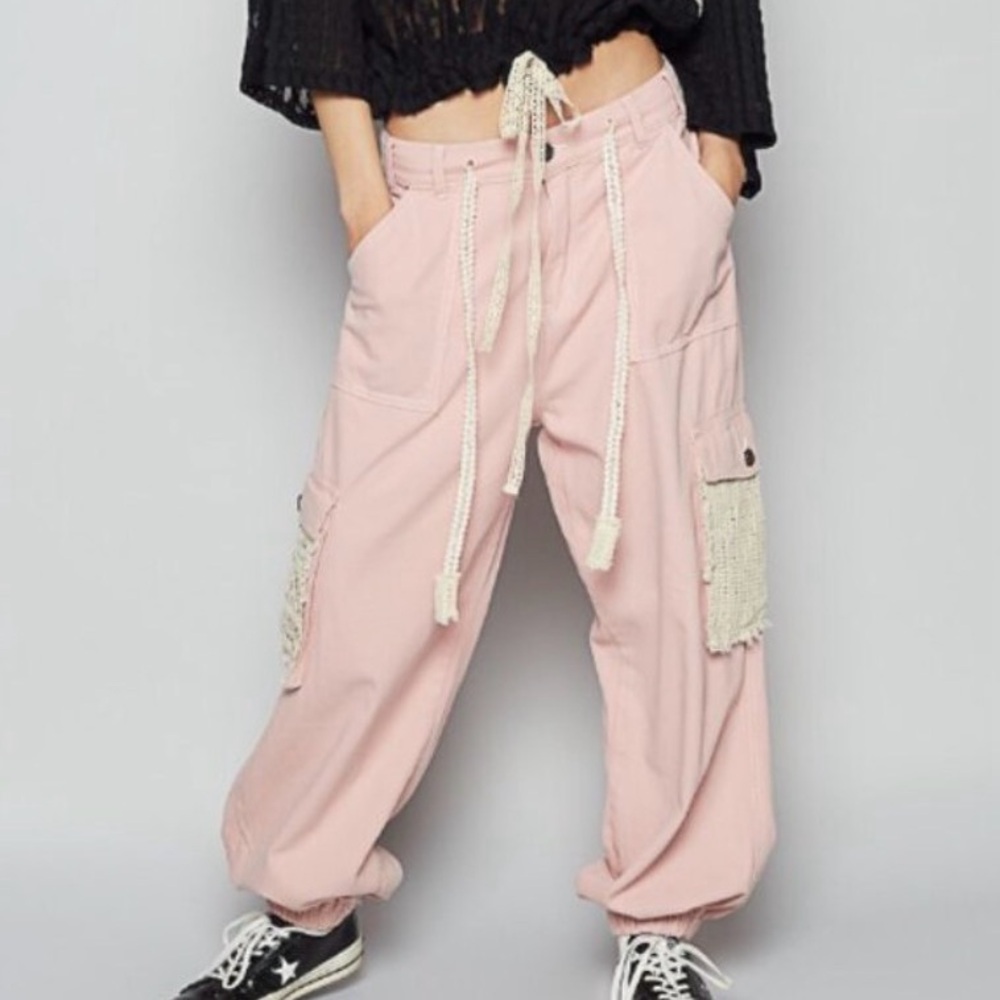 NEW POL 48hr special: “The flamingo”Pink Cargo Jogger Pants with Crochet Details